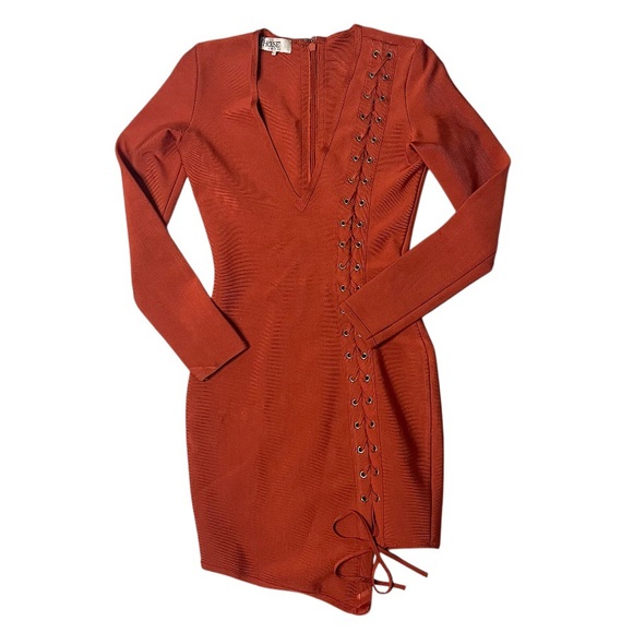 HOUSE OF CB London Bandage Dress Bodycon Mini Lace Up Plunge Neckline Size Small - Picture 6 of 11